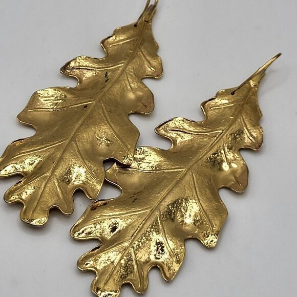 Monet Gold Tone Leaf Earrings signed on hook 3in - Picture 2 of 5